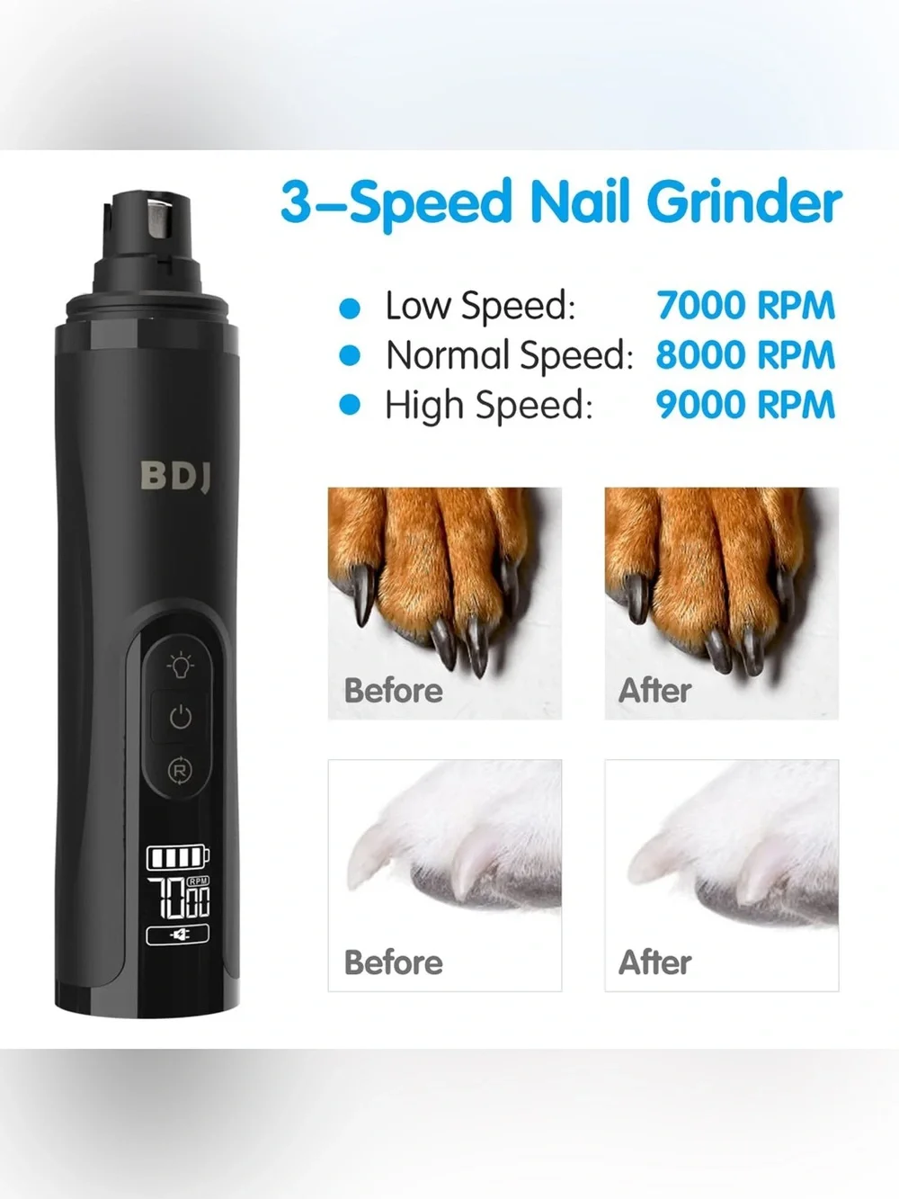 BDJ Dog Nail Grinder | 3 Speed | Rechargeable | Electric Nail Clipper